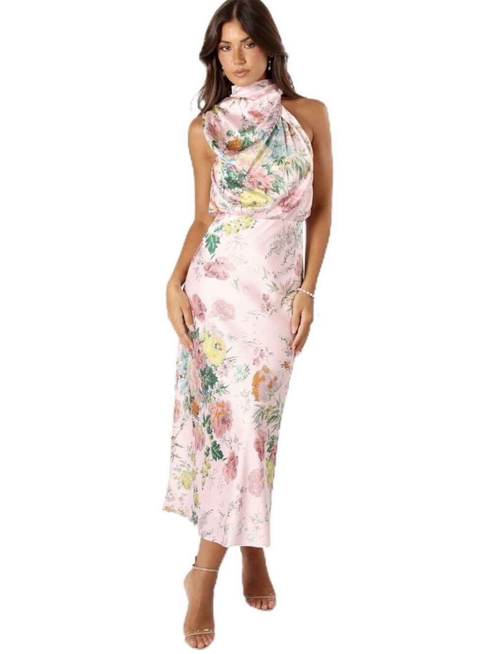 Petal & Pup Anabelle Asymmetric Halter Neck Midi Dress Size L Pink Floral NWT